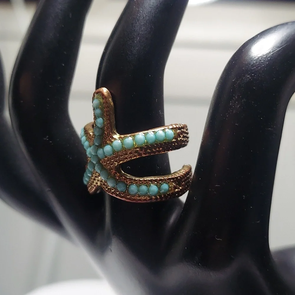 Turquoise Blue Brass Ocean Starfish Open End Ring